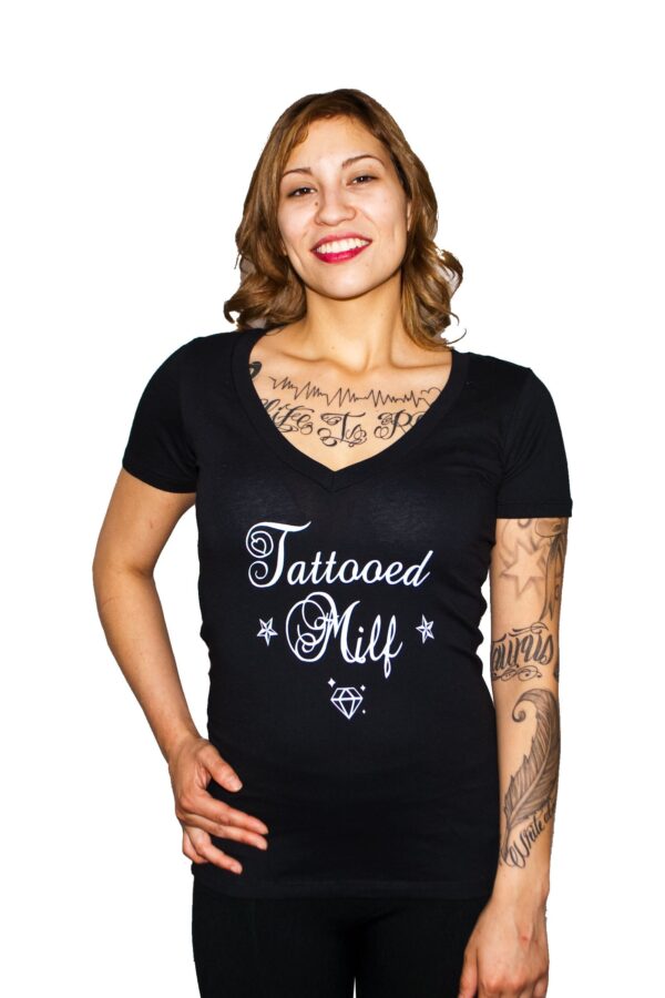 Barfly Apparel Women's Tattooed Milf Deep V Neck Tee Black-1258
